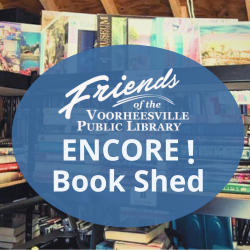 Photo of books with the text "Friends of the Voorheesville Public Library Encore Book Shed"