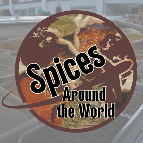 airplane flying around a globe with images of spices