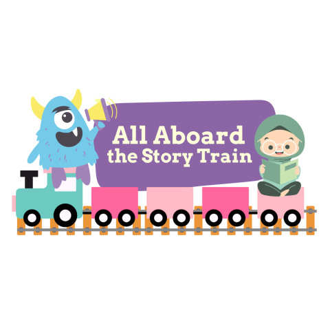 A cute monster announces the All Aboard Story Train Program with a child in dressed up costume sitting on a train