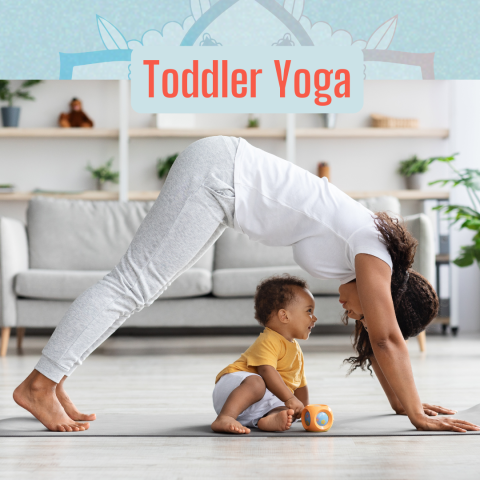 Mom and son cutely interacting while she does a yoga pose