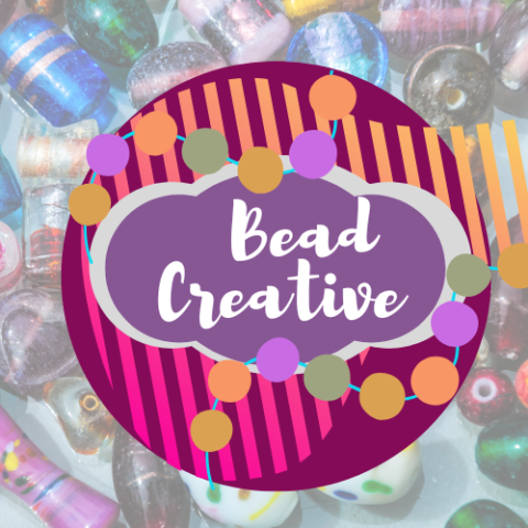 Colorful strings of bead surround the words, bead creative