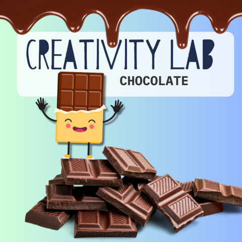 Creativity lab with chocolate bars, oozing chocolate and a choco bar cartoon character signaling yay