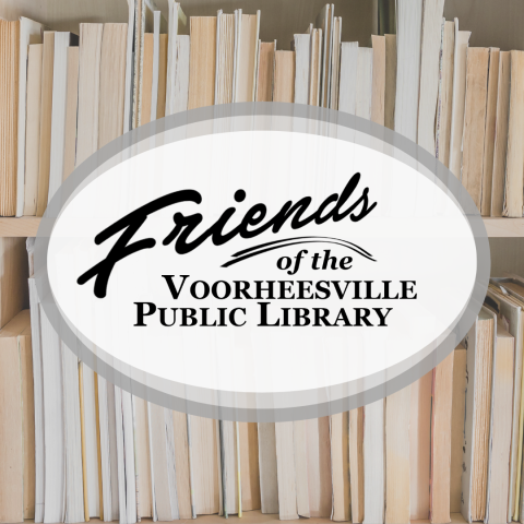 Friends of the Voorheesville Public Library words in an oval in front of a background of books on shelves