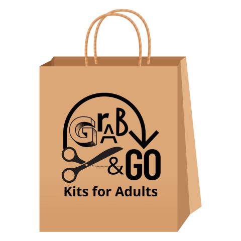 Paper bag with words Grab and Go Kits for Adults