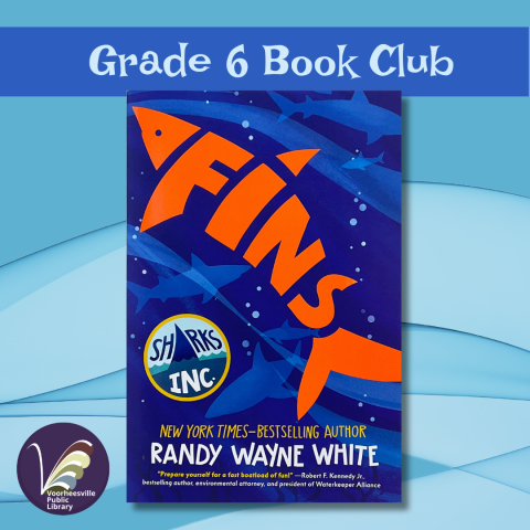 Fins bookcover in front of blue wavy background