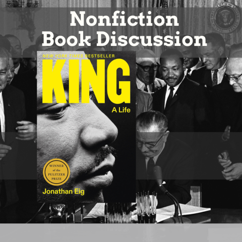 Book cover for King with LBJ signed the Civil Rights Act with MLK in the room