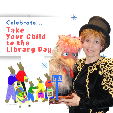 Bunny family promoting Take your child to the library day alongside a magician with a bird puppet