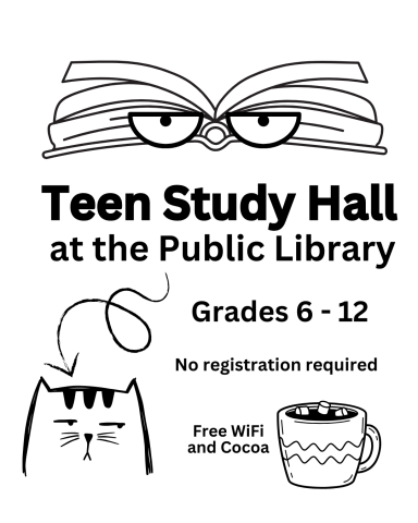 words Teen Study Hall showing an open book icon with eyes