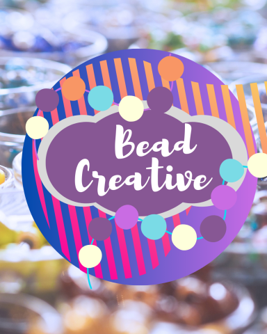 Colorful strings of bead surround the words, bead creative