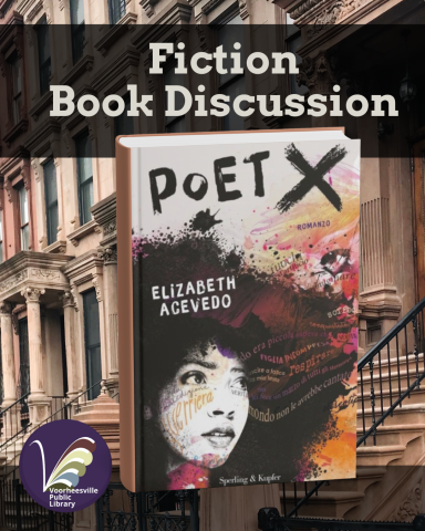 The Poet X book cover for the fiction book discussion with a Harlem backdrop