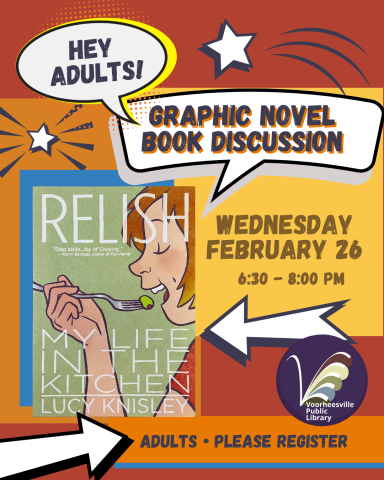 Graphic Novel Book Discussion in a cartoon font