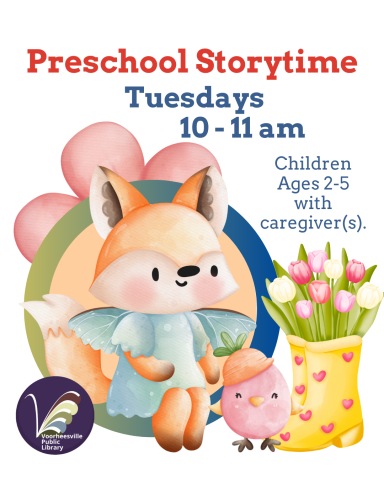 Cute Fox and little chick invite you to Preschool Storytime