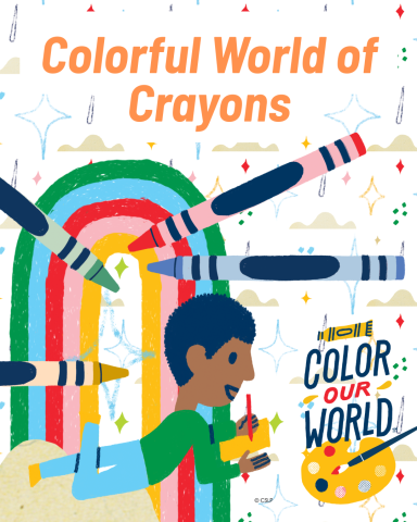 Boy drawing with crayons all along a rainbow
