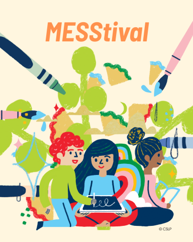Three students sitting together with a messy background of plants and crayons