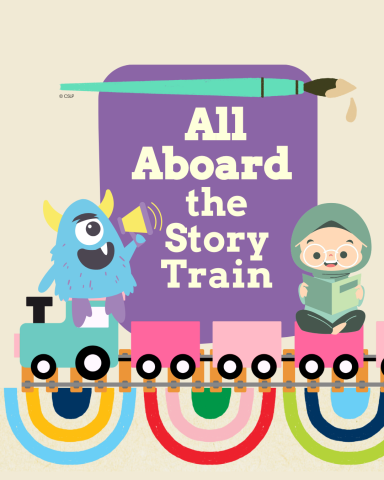 monster announces the All Aboard Story Train with a child dressed up in a costume sits on a train