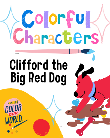 colorful words with a big red dog