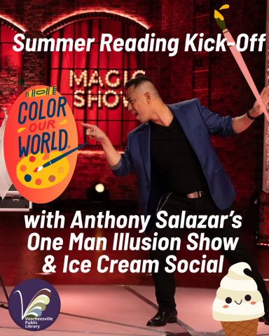 Summer Reading Kick off Party with Anthony Salazar pointing to the SRP logo