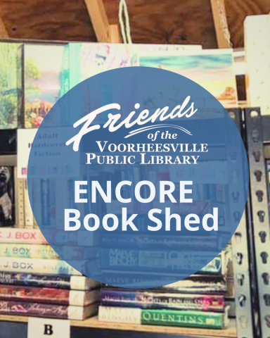 Backdrop of the interior of the friends bookshed with the blue logo in a circle in front of that image.