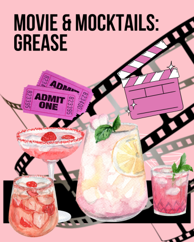 Everything is pink! Pink mocktails in front of black film with movie tickets.