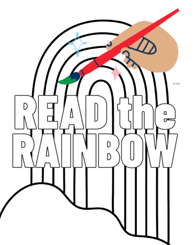 Black line drawing of a rainbow with a brightly colored paintbrush dripping green paint