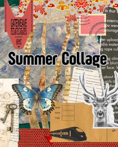 Collaged elements cover the image including a butterfly, ticket, and an elk.