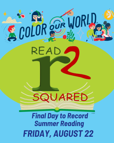 bright blue background with Color our world logo with children reading