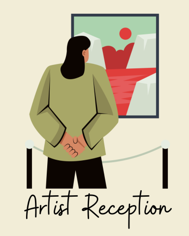 A person is looking at a painting hangin on a wall with the words Artist Reception