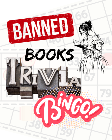 Banned Books Trivia Bingo in a variety of type style that are reminiscent of a ransom letter