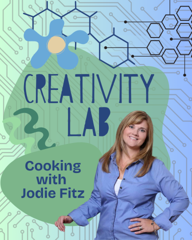 Joidie Fitz standing in front of Creativity Lab colorful logo
