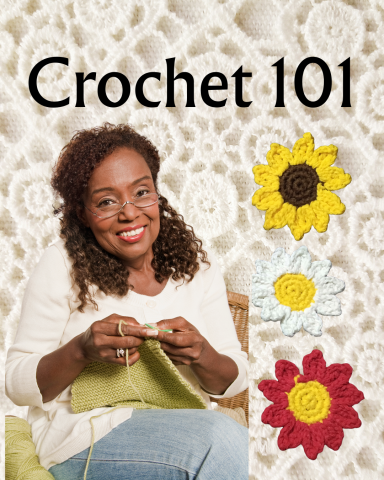 Crocheted lace in the back ground with a woman crocheting a program