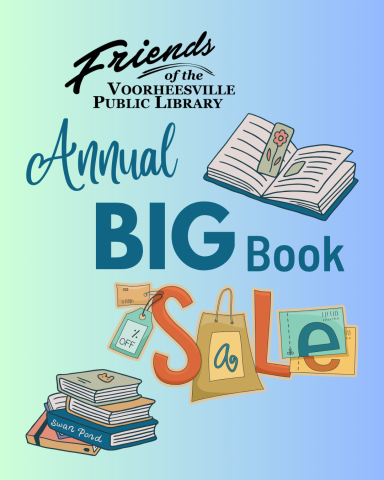 Friends of the Voorheesville Public Library's Annual Big Book Sale with piles of books around the words.