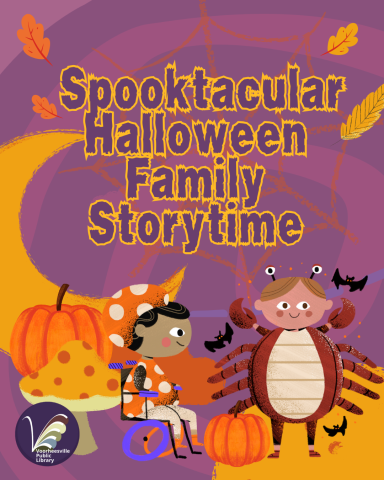 Kids in Halloween costumes with a crescent moon and pumpkins all around the title.