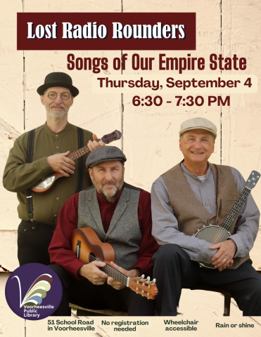 Three musicians sitting together ready to play their Erie Canal inspired vintage music.