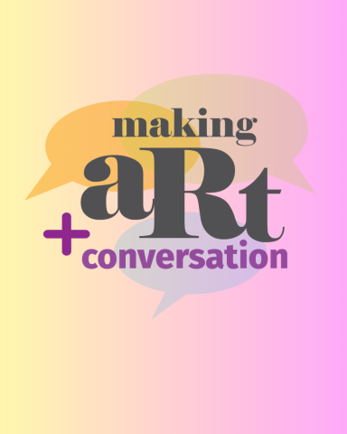 Title of program with multi colored speech bubbles behind the words.
