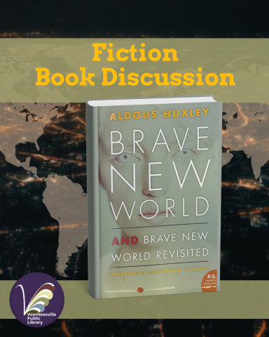 World map background behind the book cover for Brave New World