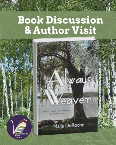 Birch trees in the background of the book cover with a lake scene.