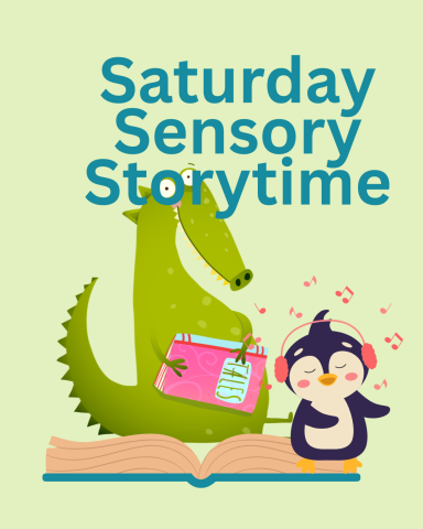 Cute dragon and penguin with headphones invite you to the Sensory Storytime!