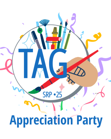 Colorful swirls of paper and paint brushes surround the initials TAG for Teen Advisory Group