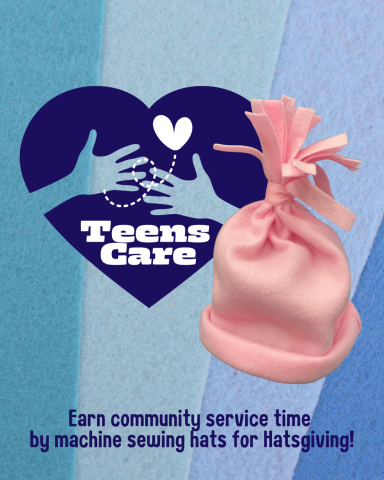 teens care heart logo with a fleece hat