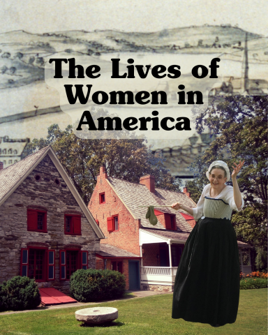 Photo of Brock Houses in the background with a period dressed woman in the foreground