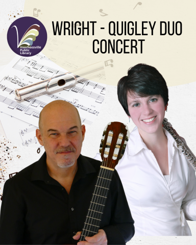 Flutist and guitarist stand next tot each other with sheet music in the background
