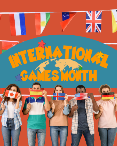 International games month logo with multiple people from multiple nationalities holding up their country's flag