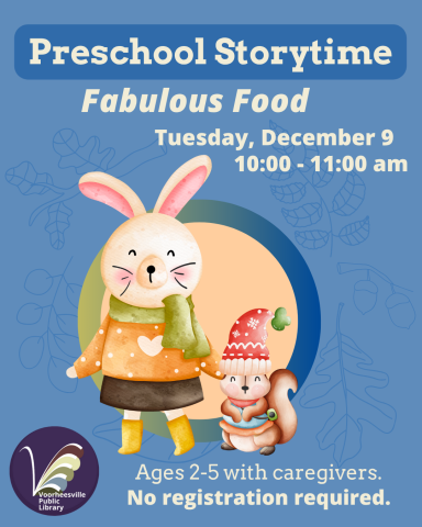 Cute bunny and squirrel invite you to Preschool Storytime