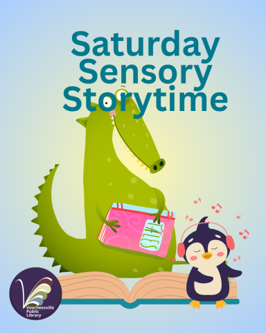 Saturday sensory Storytime with a sitting dragon with eyes in the O and a dancing penguin