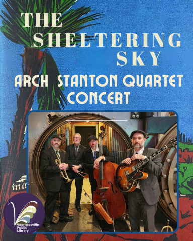 The Arch Stanton Quartet standing together with the cover of the book with blue sky and palm tree in the background