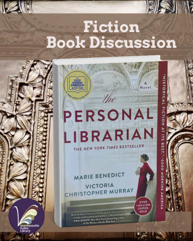 The Personal Librarian book cover with a woman looking out with a gilded age wall relief in the background.