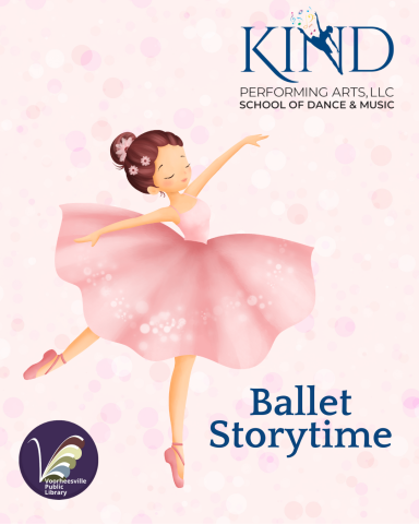 Sweet pink ballerina dances next to Ballet Storytime title