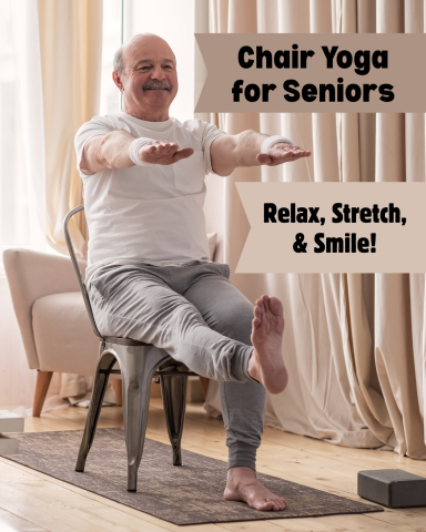 Older gentleman stretches out his arms for the Chair Yoga for Seniors Class