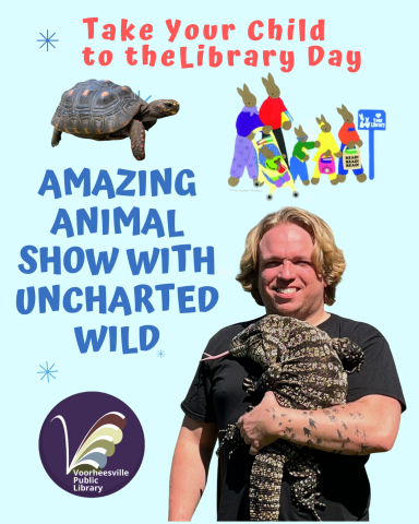 Man holding a lizard smiles at the thought of how much fun his program will be!