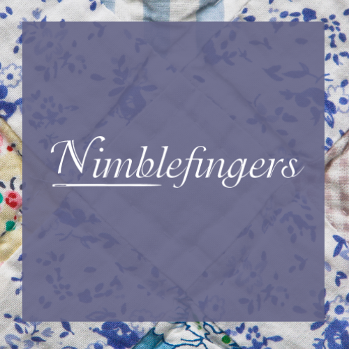 Quilt in background with text "Nimblefingers"